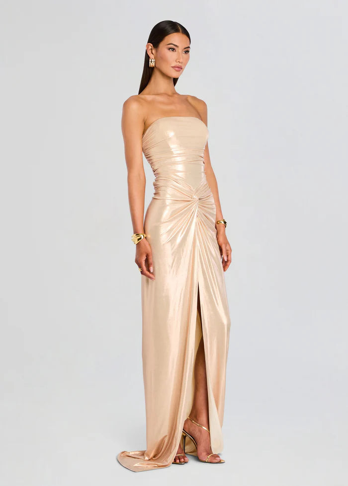 Strapless Metallic Satin Prom Dresses with Ruched Bodice, Twist Detail, High Slit and Train Formal Gown