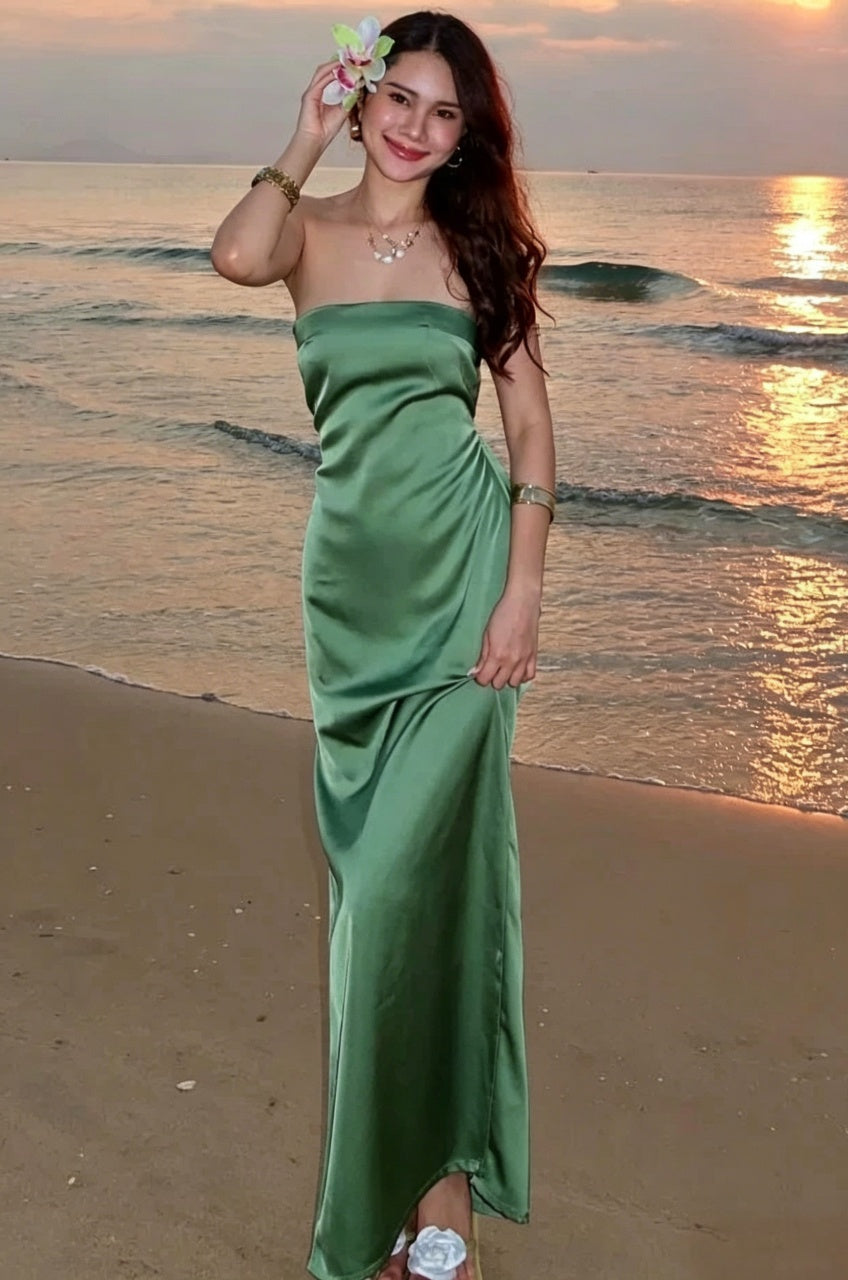 Strapless Ruched Backless Floor-Length Satin Mermaid Evening Dresses