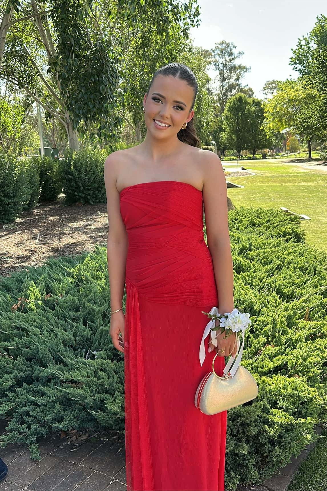 Red Chiffon A-Line Floor-Length Bridesmaid Dress with Straight Neck & Ruched Bodice