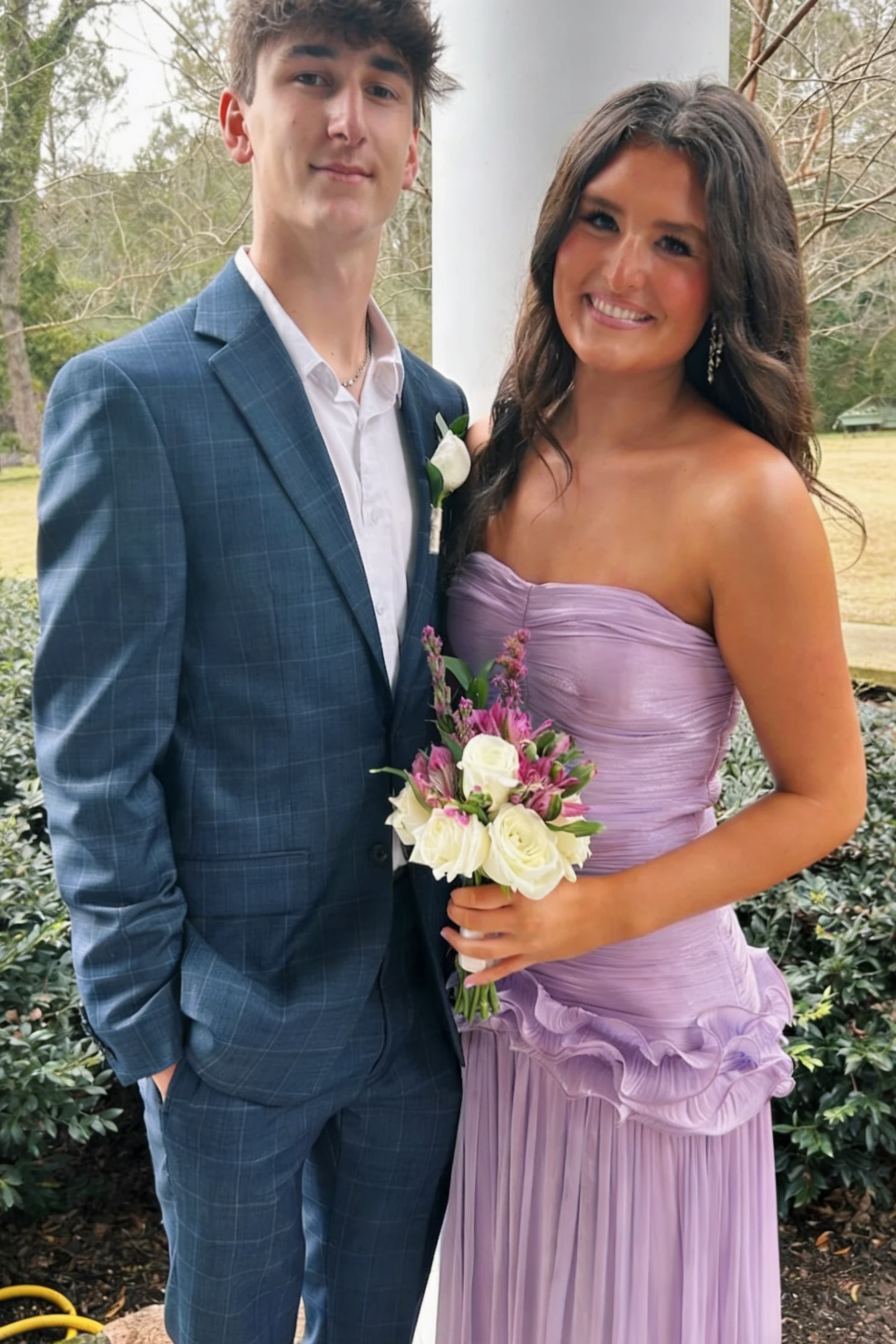 Strapless Ruched Prom Dress with Ruffle Detail, Pleated Skirt and Floor-Length Silhouette