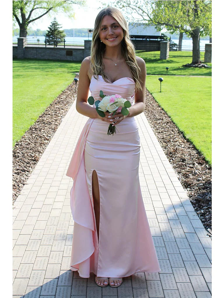 Strapless Ruched Sweetheart Draped Sash High Slit Satin Mermaid Evening Dresses