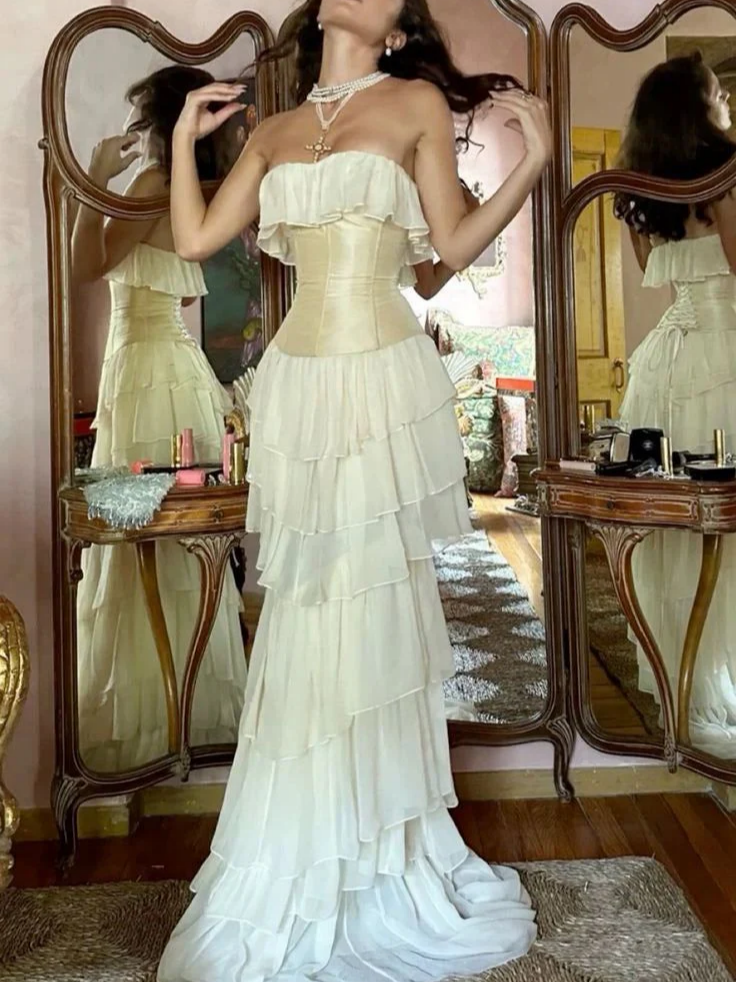 Strapless Ruffle Chiffon Corset Tiered Lace-Up Back Maxi Evening Dress
