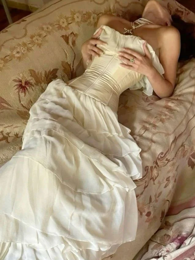 Strapless Ruffle Chiffon Corset Tiered Lace-Up Back Maxi Evening Dress
