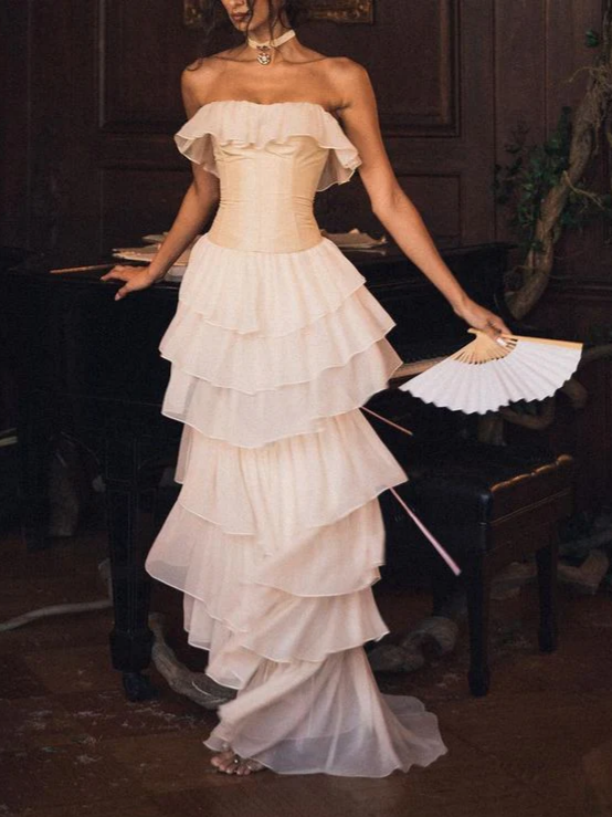 Strapless Ruffle Chiffon Corset Tiered Lace-Up Back Maxi Evening Dress