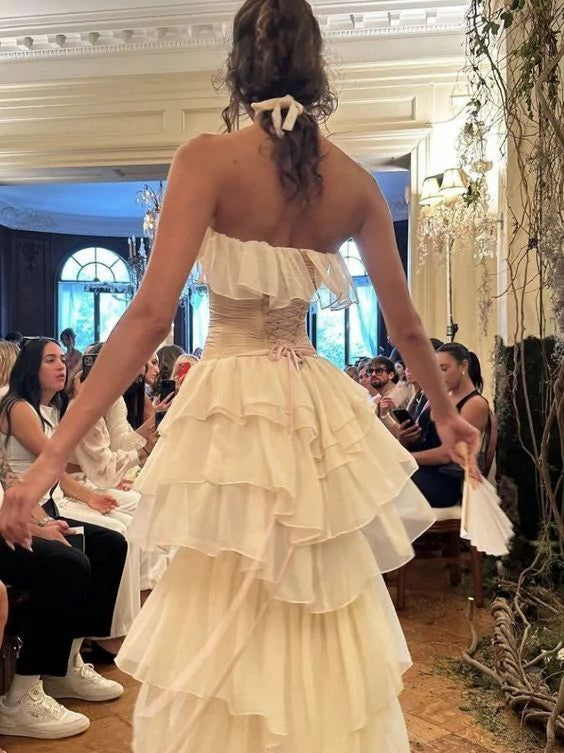 Strapless Ruffle Chiffon Corset Tiered Lace-Up Back Maxi Evening Dress