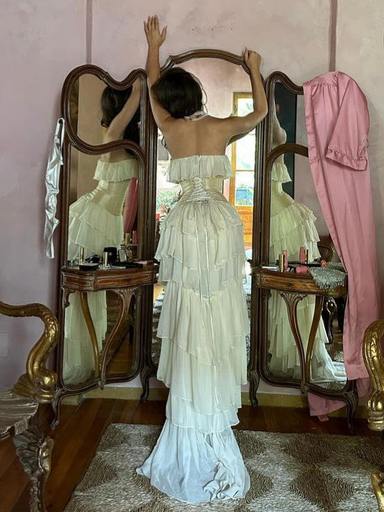 Strapless Ruffle Chiffon Corset Tiered Lace-Up Back Maxi Evening Dress