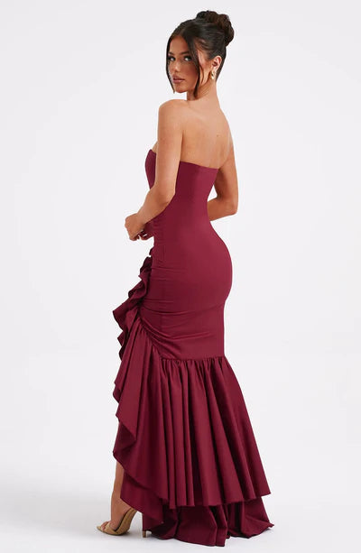 Strapless Ruffle Mermaid Prom Dresses High Slit Asymmetrical Formal Gown