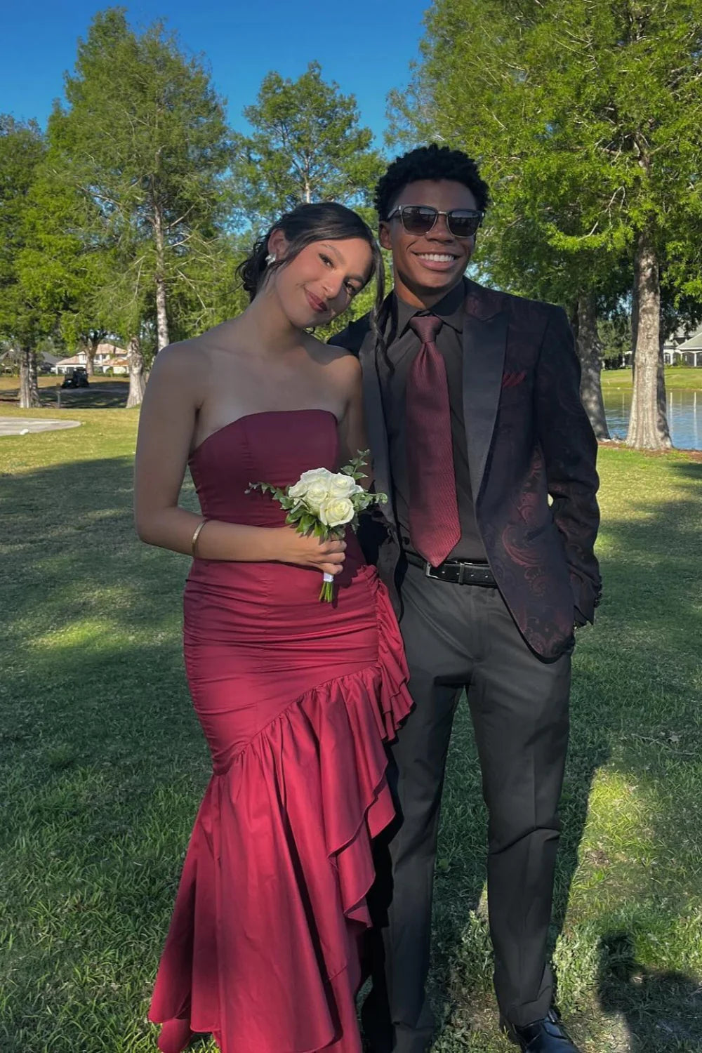 Strapless Ruffle Mermaid Prom Dresses High Slit Asymmetrical Formal Gown