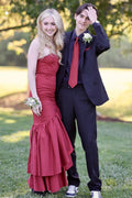 Burgundy Crepe Mermaid Floor-Length Prom & Evening Dress with Ruched Bodice