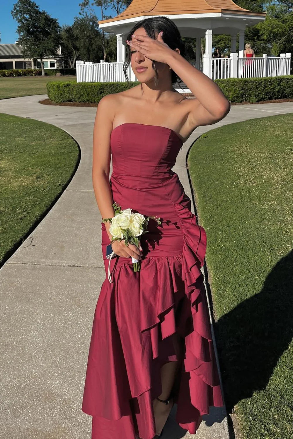 Strapless Ruffle Mermaid Prom Dresses High Slit Asymmetrical Formal Gown