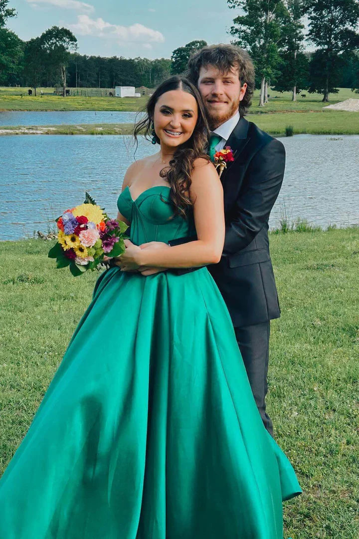 Emerald Satin A-Line Floor-Length Sweetheart Evening Dress for Prom, Bridesmaid & Formal Events