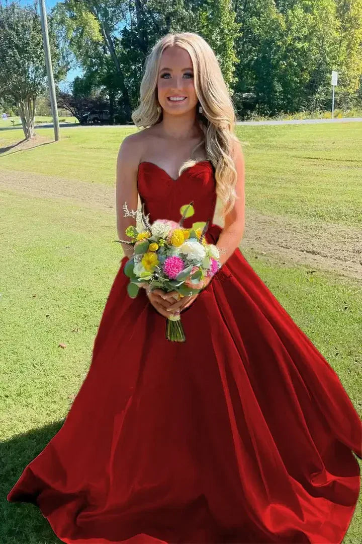 Strapless Satin Ball Gown Prom Dresses Sweetheart Corset Back A-Line Formal Gown