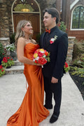 Orange Satin Sheath/column Floor-Length Evening Dress with Draped Bodice & Straight Neck