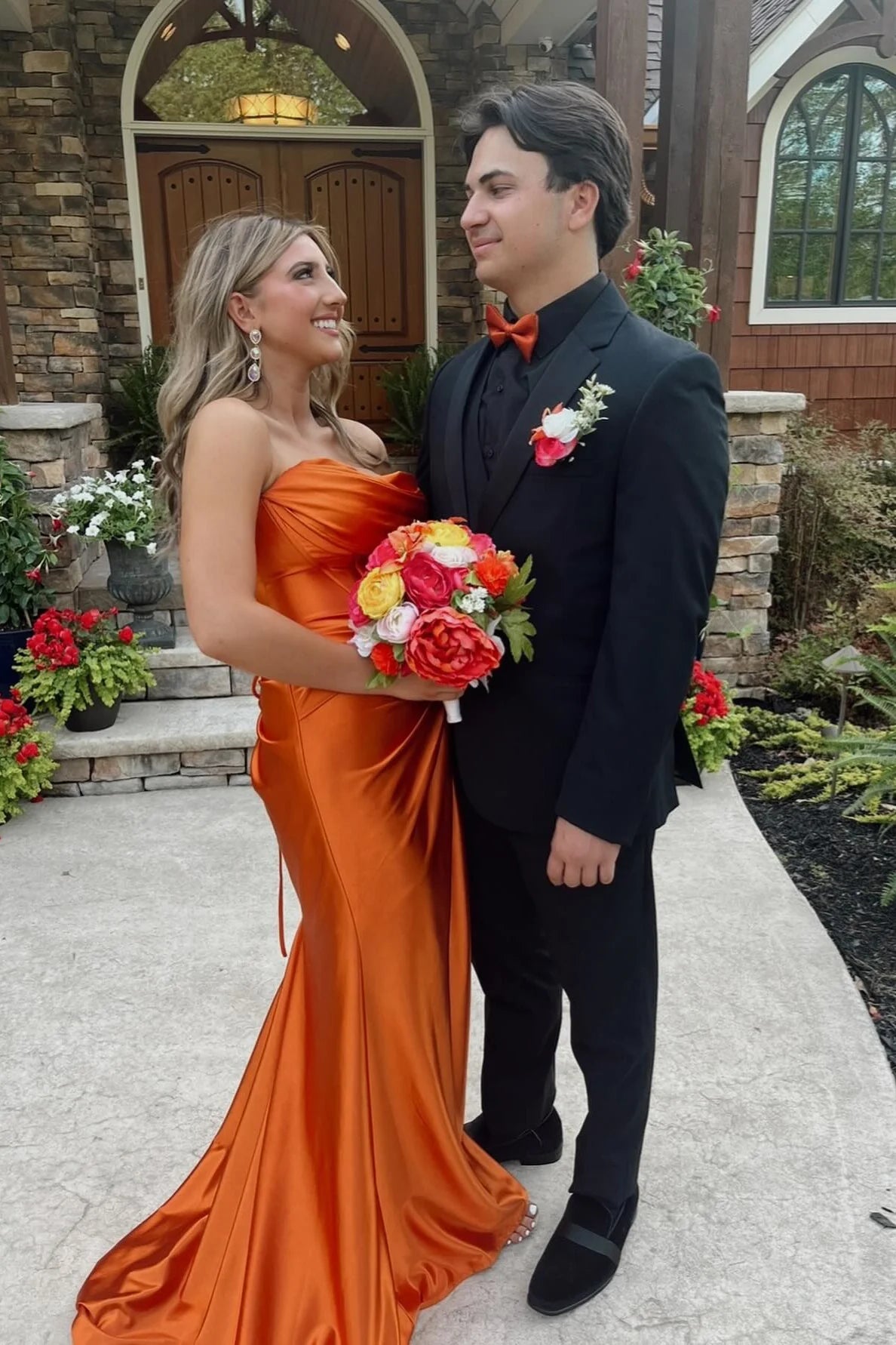 Orange Satin Sheath/column Floor-Length Evening Dress with Draped Bodice & Straight Neck