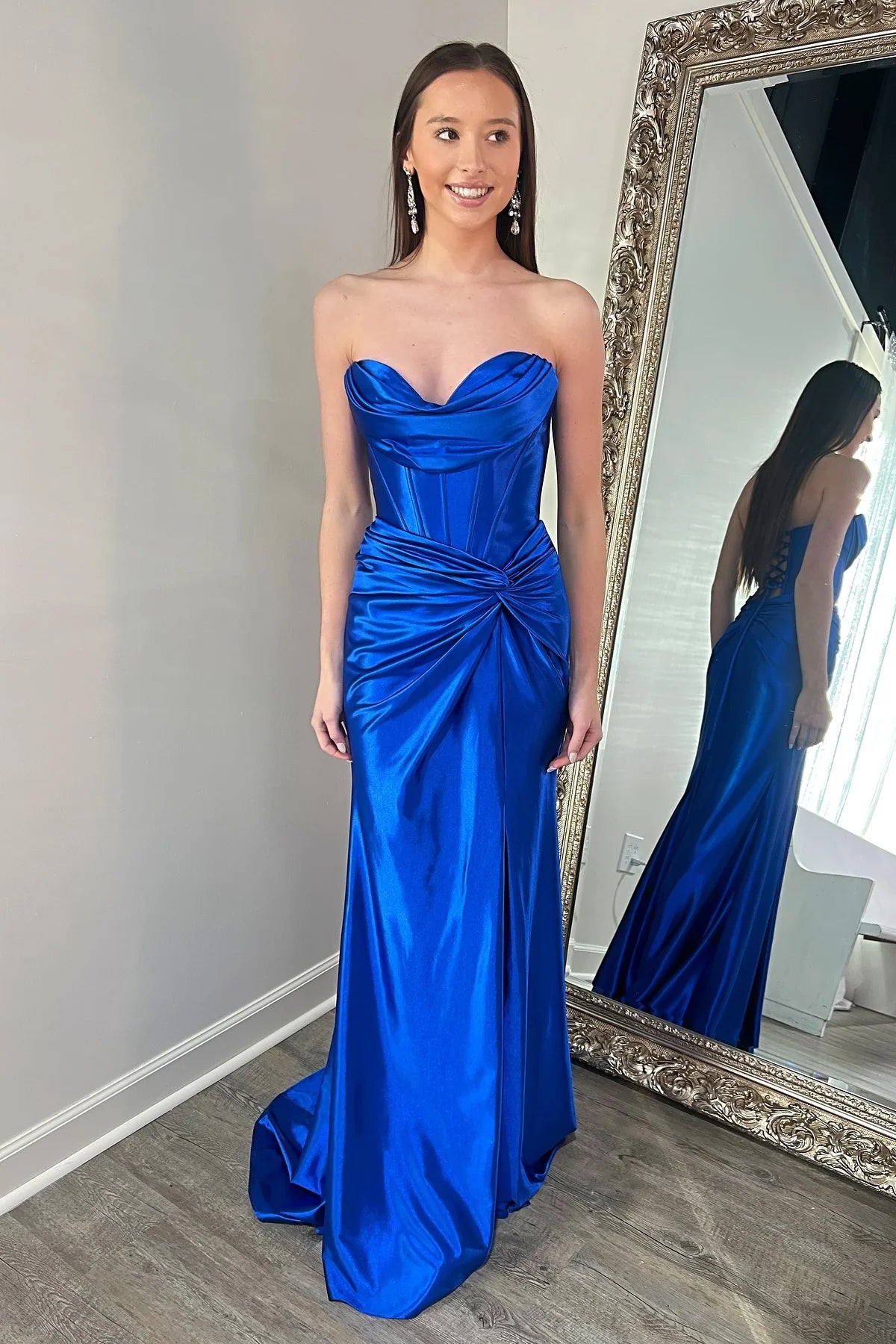 Orange Satin Sheath/column Floor-Length Evening Dress with Draped Bodice & Straight Neck