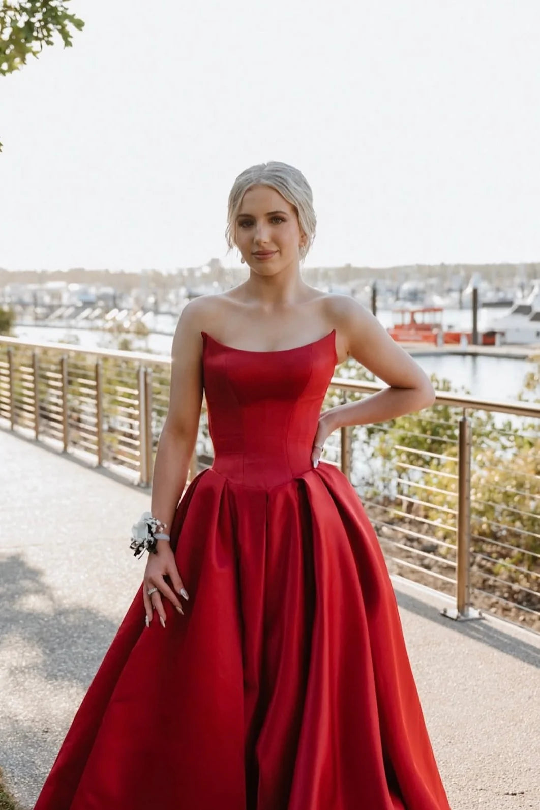 Strapless Satin Prom Dresses with Corset Bodice, Ball Gown Skirt and High Slit Formal Gown