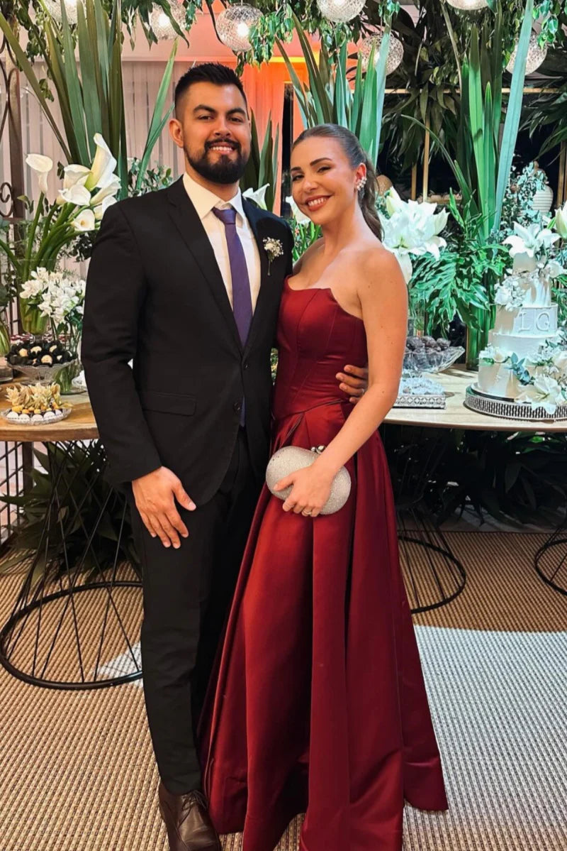 Red Satin A-Line Floor-Length Evening Dress with Asymmetrical Bodice