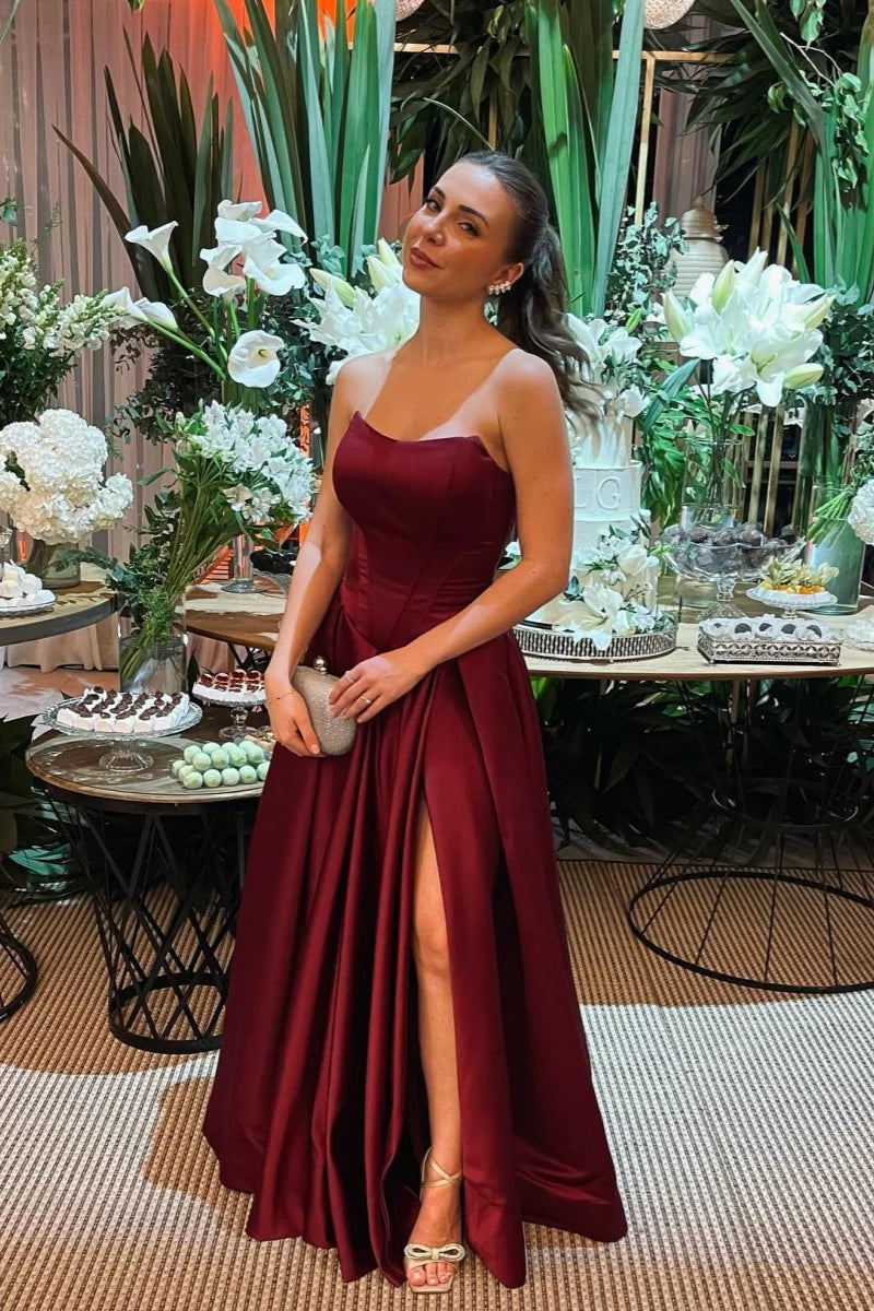 Strapless Satin Prom Dresses with Corset Bodice, Ball Gown Skirt and High Slit Formal Gown