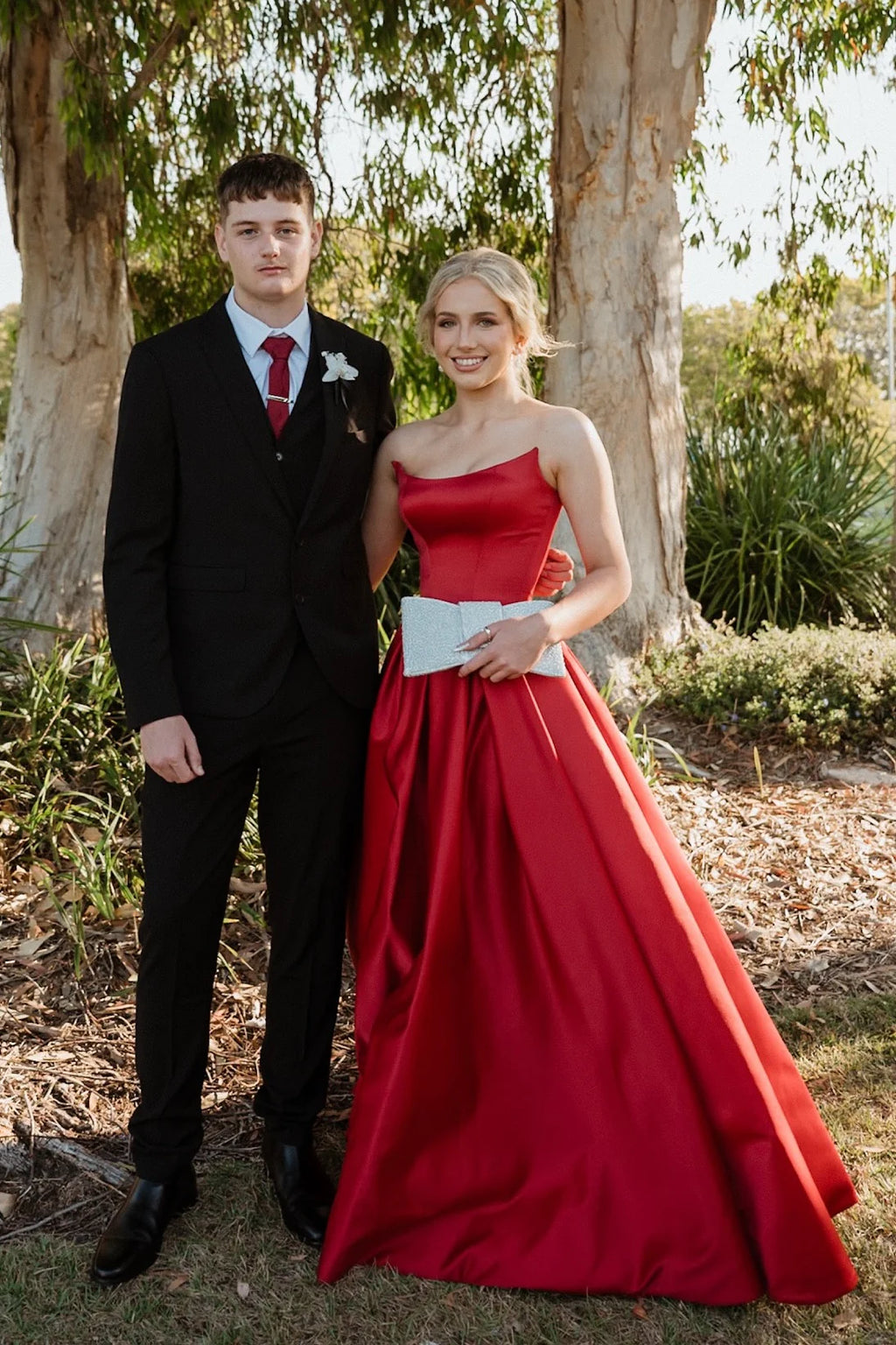 Red Satin A-Line Floor-Length Evening Dress with Asymmetrical Bodice