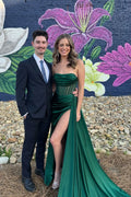 Emerald Satin A-Line Floor-Length Evening Gown with Corset Bodice & High Slit