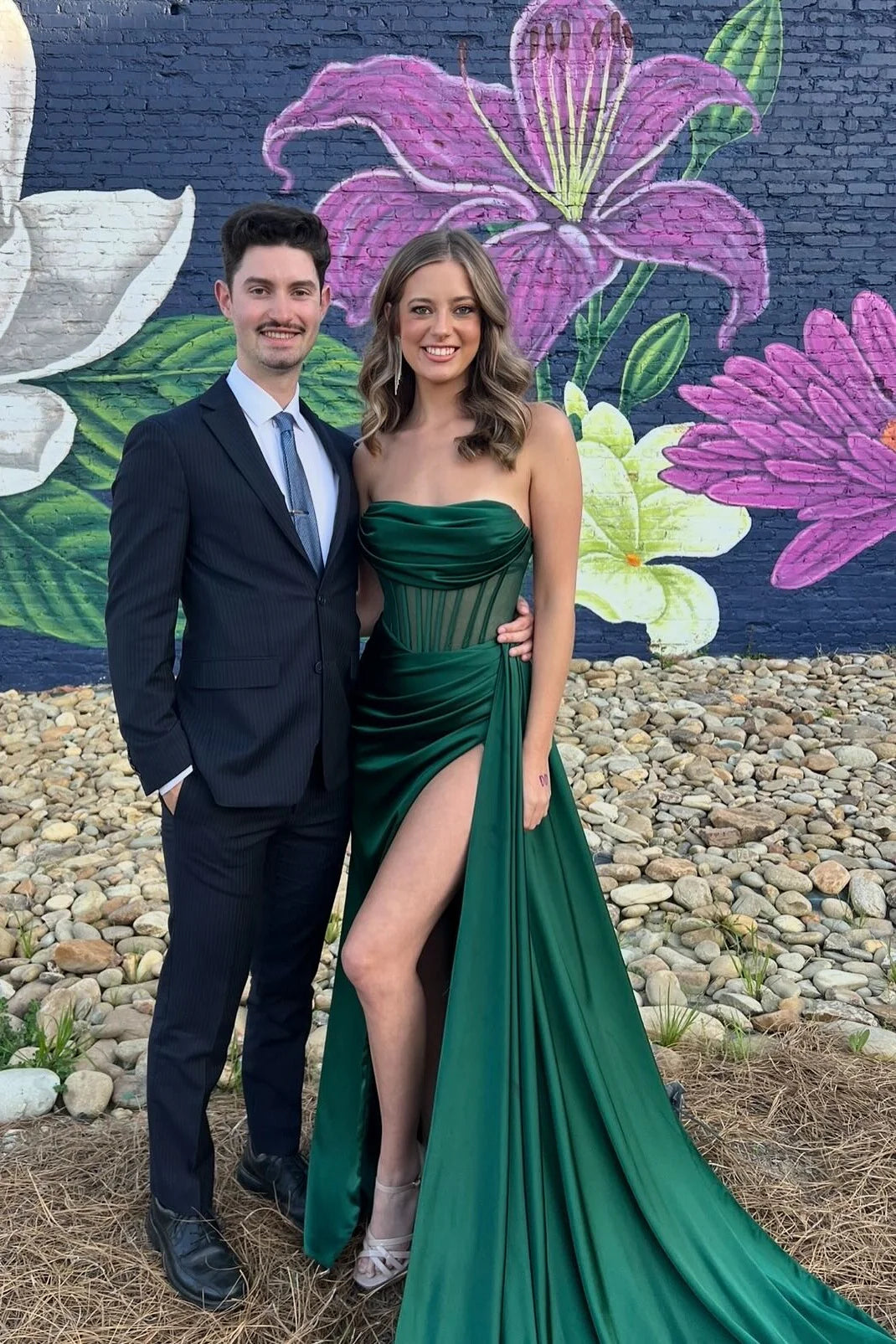 Emerald Satin A-Line Floor-Length Evening Gown with Corset Bodice & High Slit