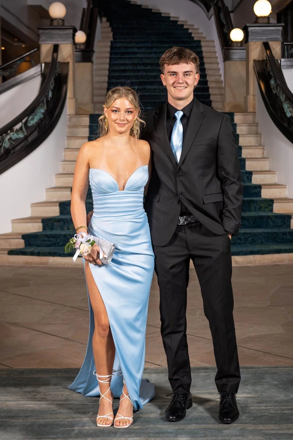 Sky Blue Satin Sweetheart Floor-Length Dress with Ruched Bodice & High Slit