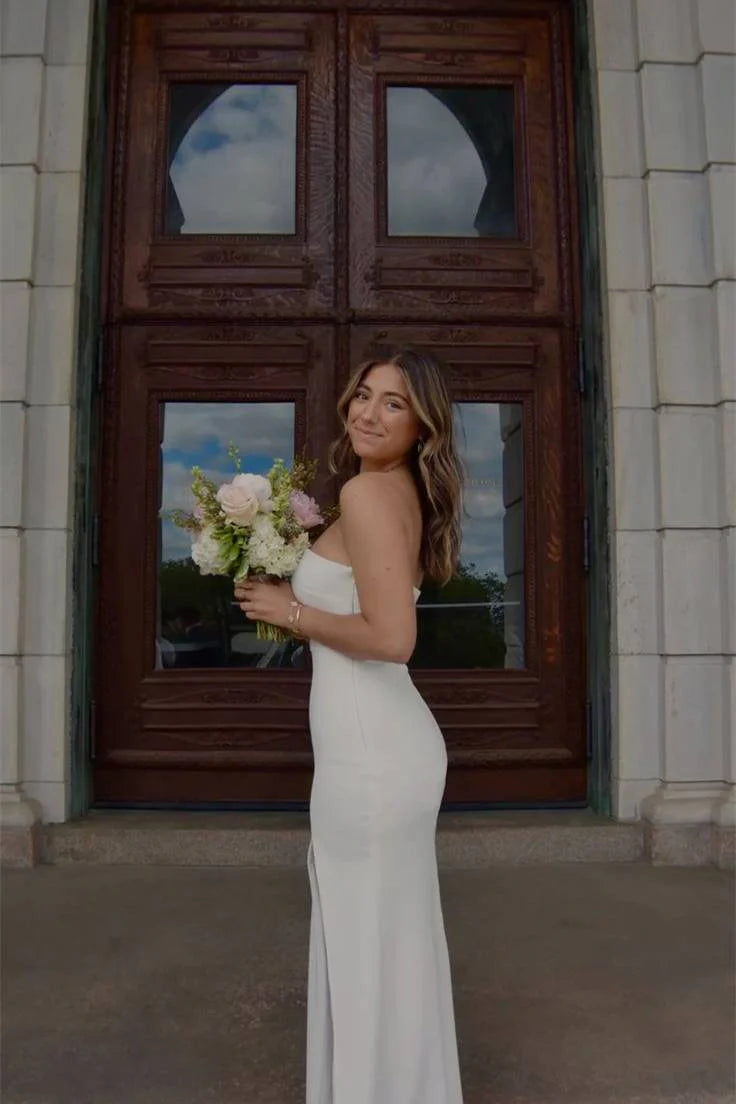 Strapless Ivory Crepe Sheath/Column Floor-Length Bridesmaid Dress