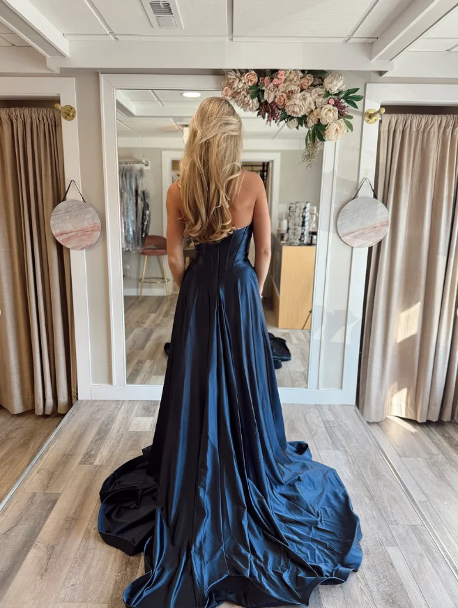 Strapless Sweetheart Corset Keyhole A-Line High Slit Satin Evening Dress