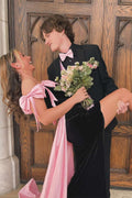 Black Velvet Off-the-Shoulder Sheath/column Gown with Bows & High Slit