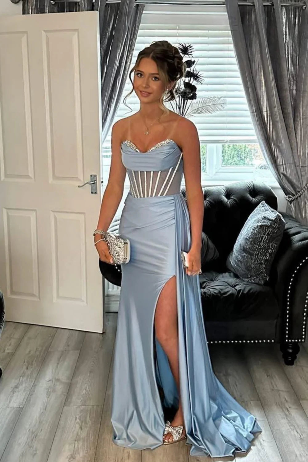 Forest Green Satin Sweetheart Sheath/column Floor-Length Gown with High Slit
