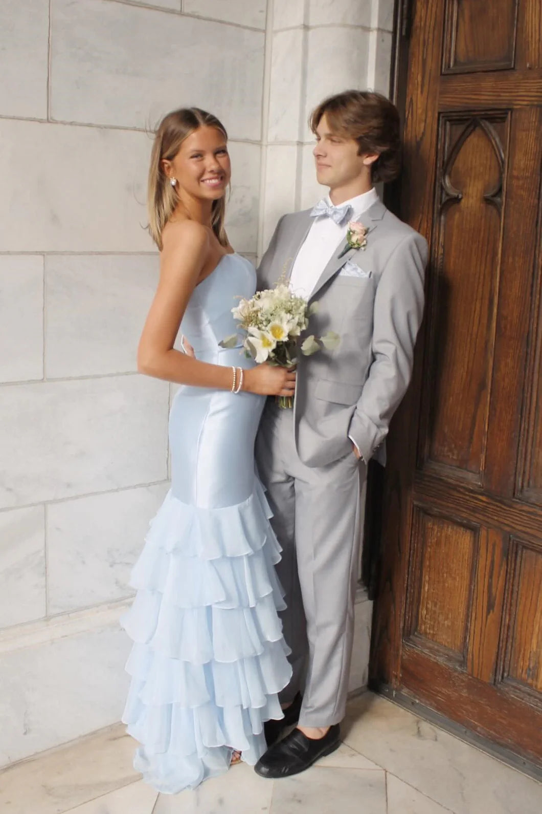 Sky Blue Satin Chiffon Mermaid Floor-Length Bridesmaid Dress