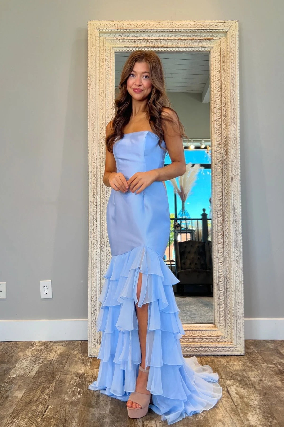 Sky Blue Satin Chiffon Mermaid Floor-Length Bridesmaid Dress