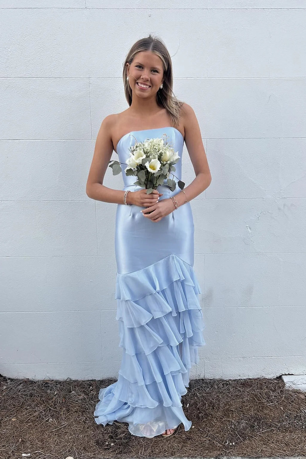 Sky Blue Satin Chiffon Mermaid Floor-Length Bridesmaid Dress