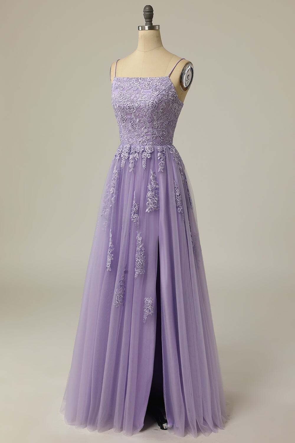 Lavender Tulle Spaghetti Strap A-Line Prom Dress