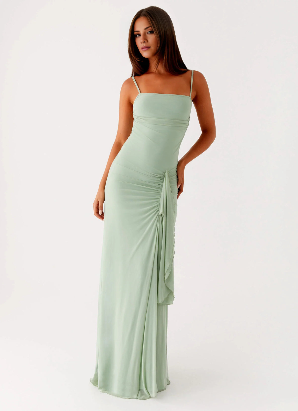 Sage Green Chiffon Sheath Floor-Length Bridesmaid Dress - Straight Neck Side Ruching