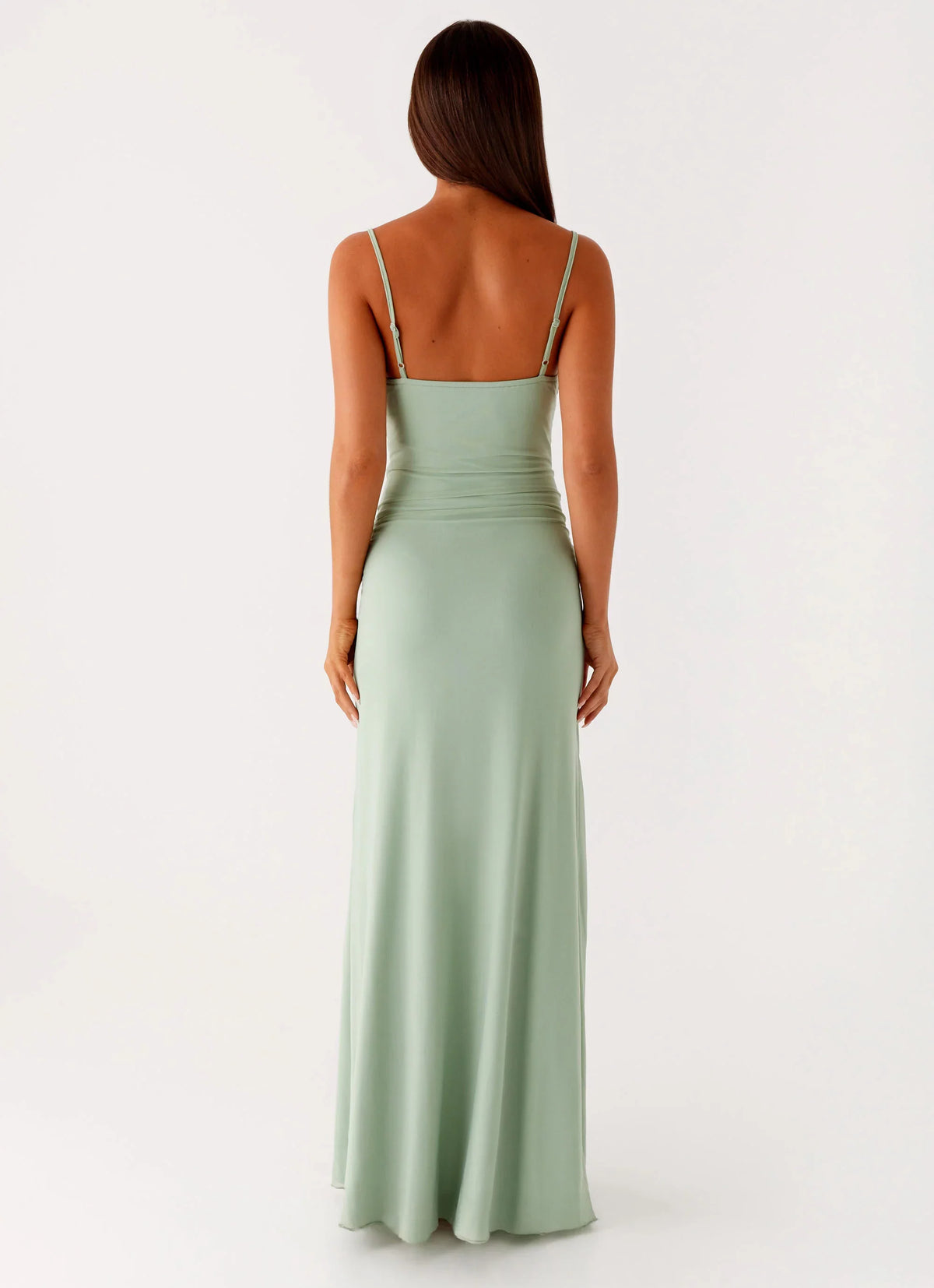 Sage Green Chiffon Sheath Floor-Length Bridesmaid Dress - Straight Neck Side Ruching