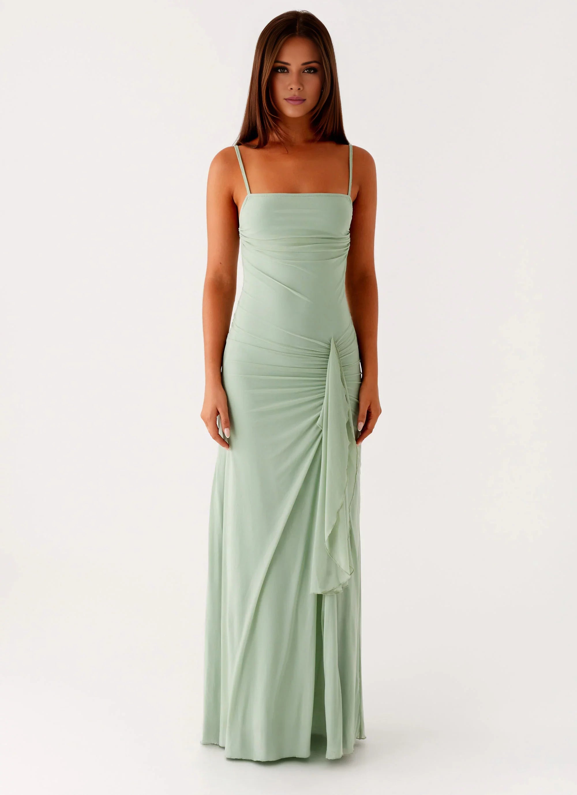 Streamlined A-Line Square-Neck Sleeveless Backless Ruched Floor-Length Prom Dress