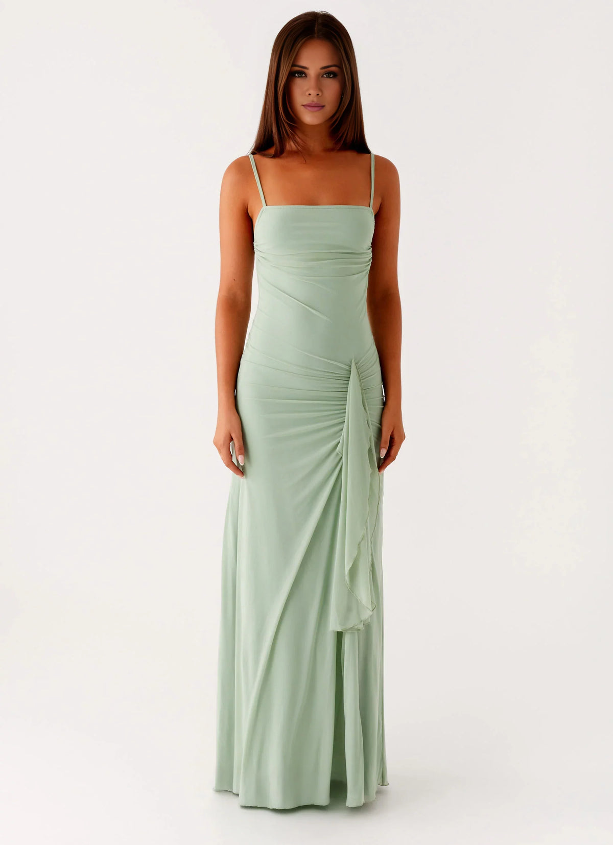 Sage Green Chiffon Sheath Floor-Length Bridesmaid Dress - Straight Neck Side Ruching