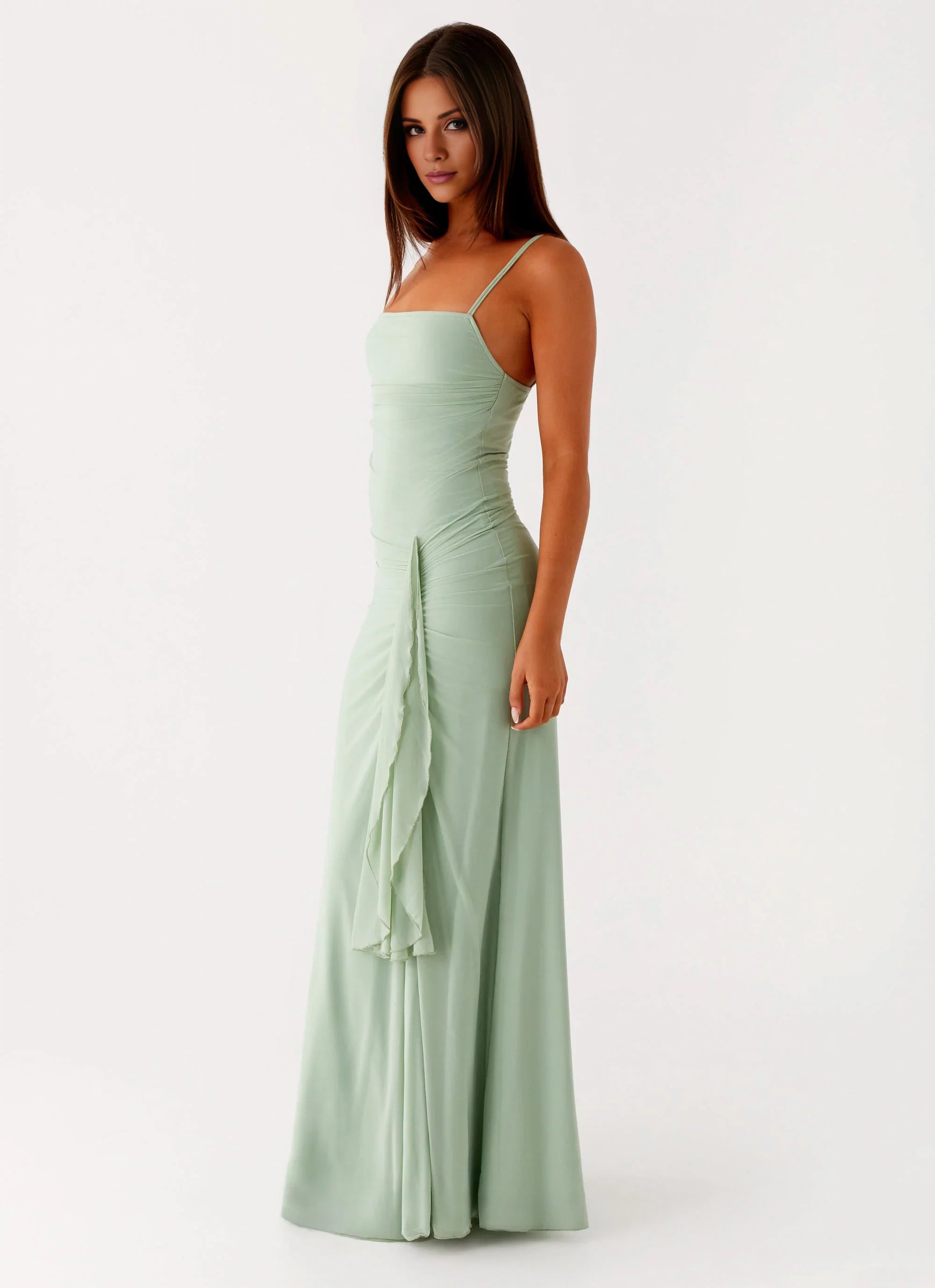 Streamlined A-Line Square-Neck Sleeveless Backless Ruched Floor-Length Prom Dress