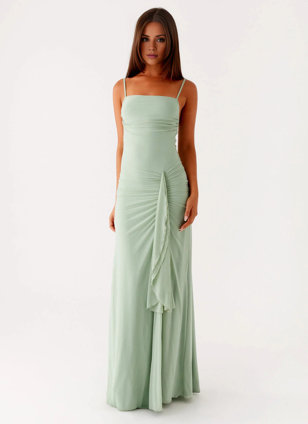 Sage Green Chiffon Sheath Floor-Length Bridesmaid Dress - Straight Neck Side Ruching