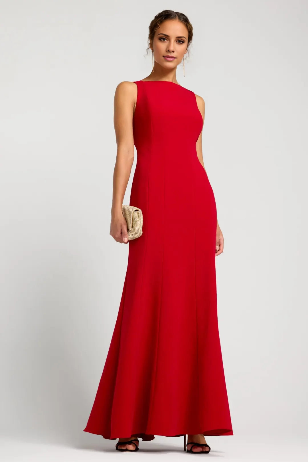 Sleeveless Red Crepe A-Line Floor-Length Evening Dress with Boat Neck