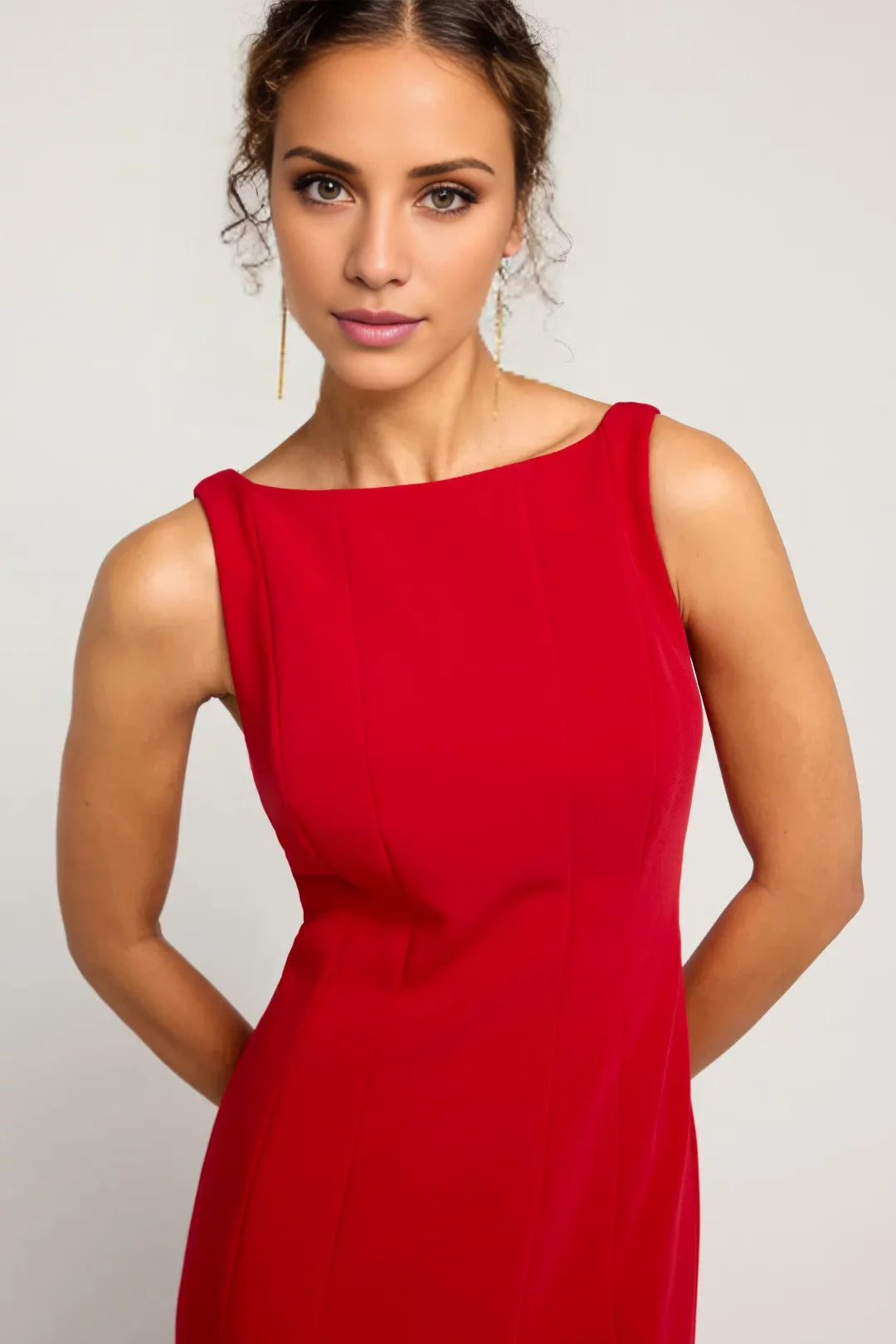 Sleeveless Red Crepe A-Line Floor-Length Evening Dress with Boat Neck