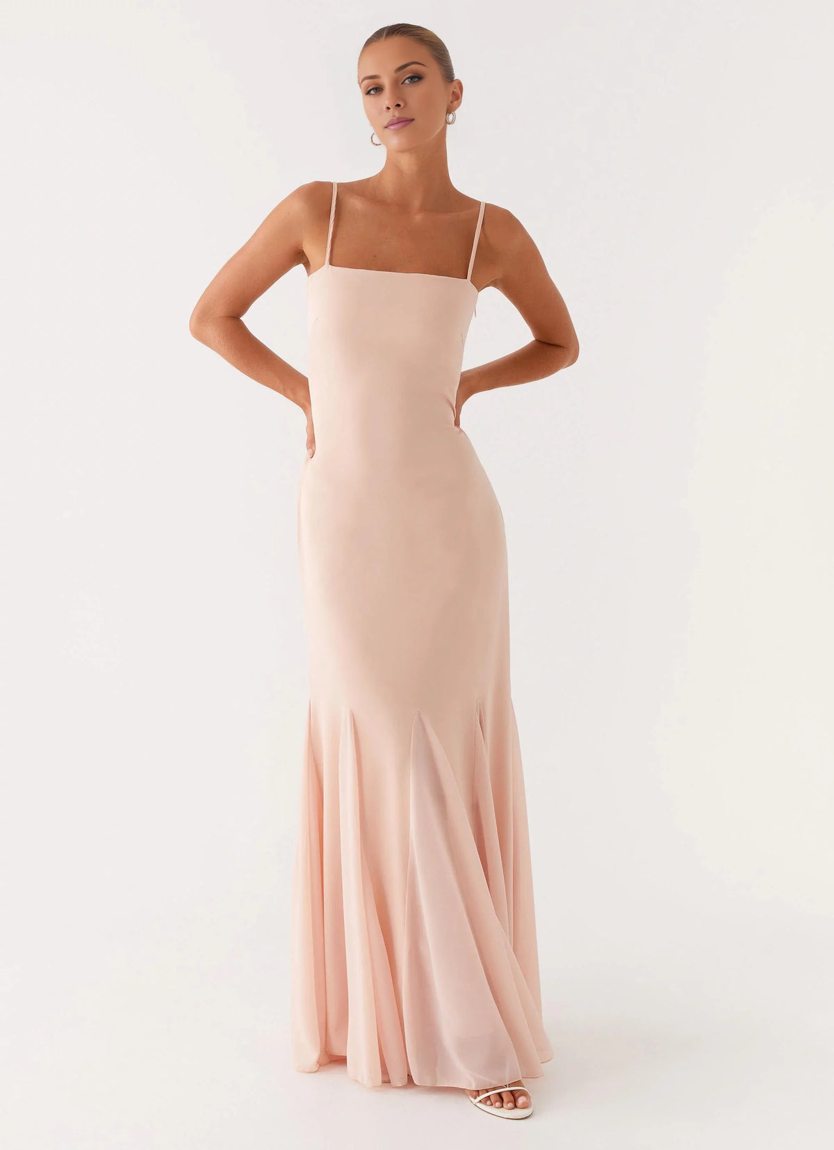 Blushing Pink Crepe Mermaid Floor-Length Bridesmaid Dress with Square Neck and Spaghetti Straps