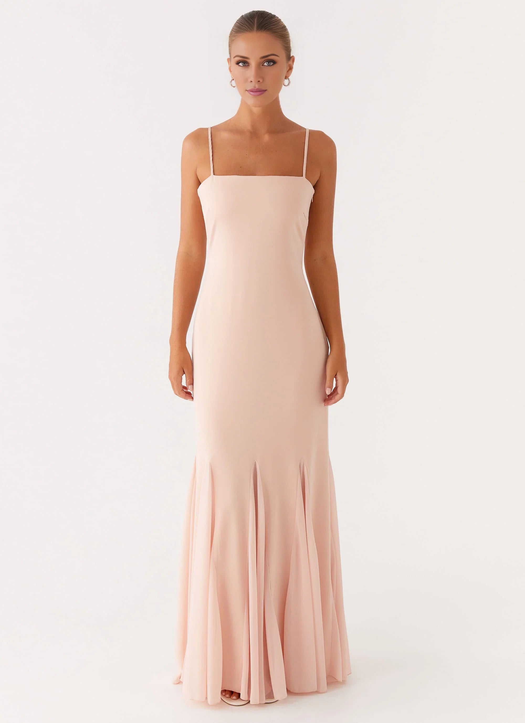 Streamlined Off the Shoulder Neck Sleeveless Spaghetti-Strap Mermaid Floor-Length Prom Dress