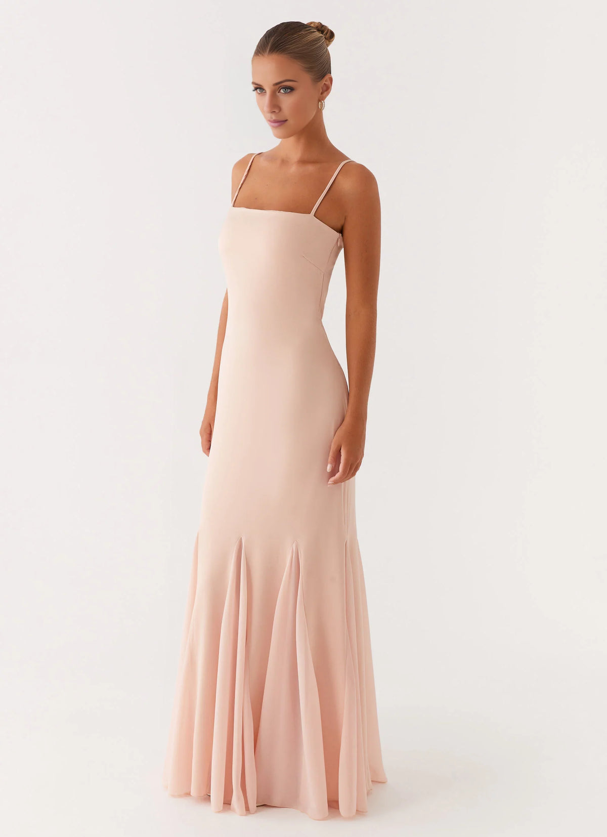 Blushing Pink Crepe Mermaid Floor-Length Bridesmaid Dress with Square Neck and Spaghetti Straps