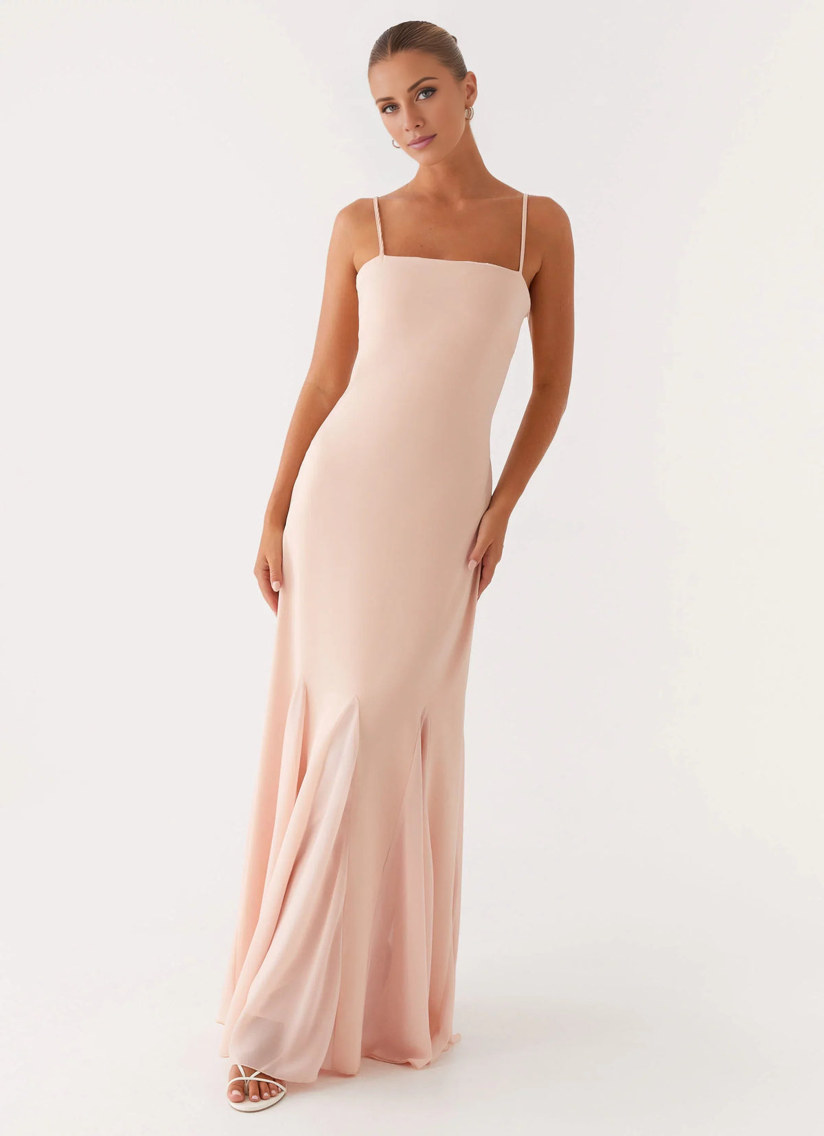 Blushing Pink Crepe Mermaid Floor-Length Bridesmaid Dress with Square Neck and Spaghetti Straps