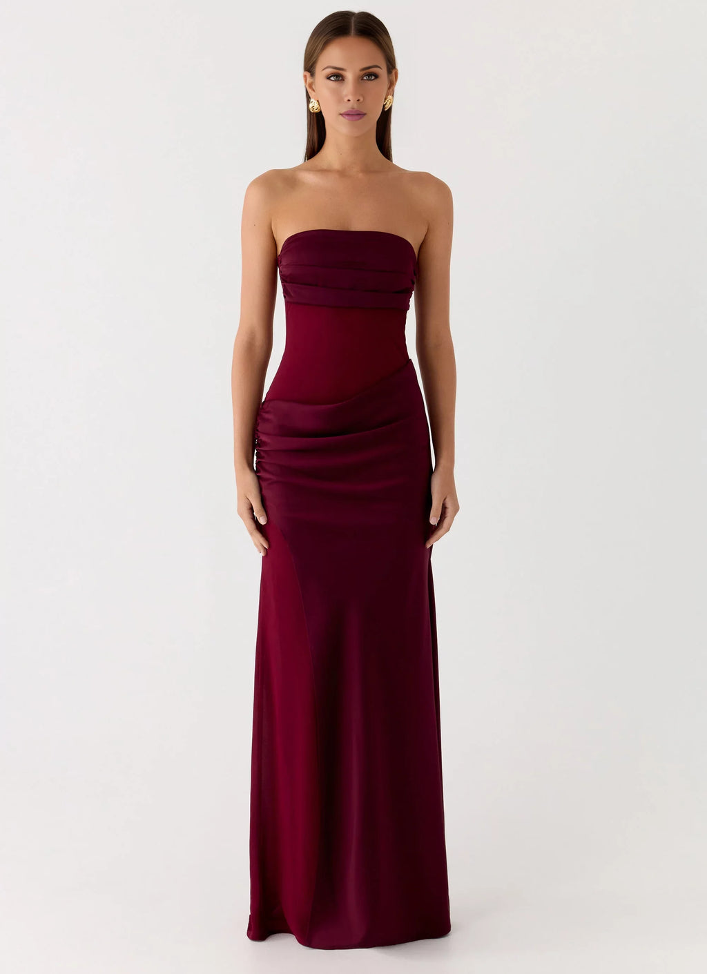 Burgundy Crepe Sheath/column Floor-Length Dress with Straight Neck & Draped bodice + Ruched detailing