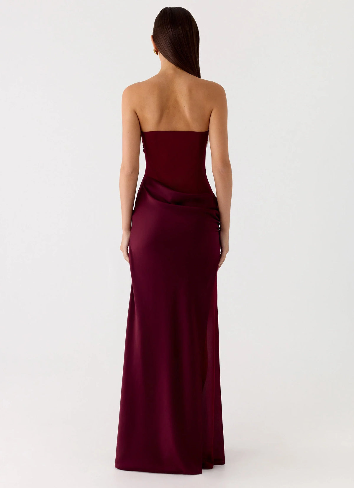 Burgundy Crepe Sheath/column Floor-Length Dress with Straight Neck & Draped bodice + Ruched detailing