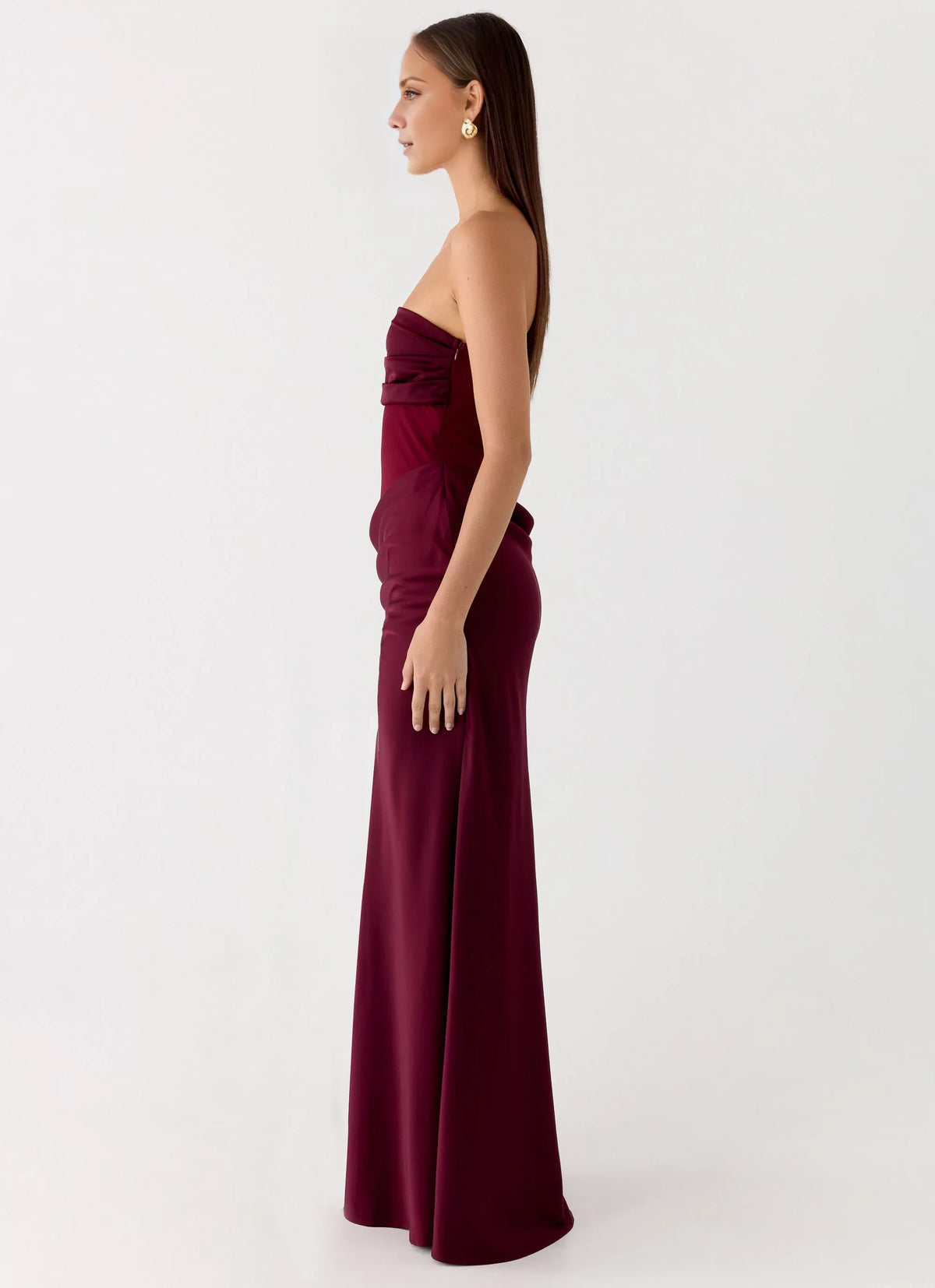 Burgundy Crepe Sheath/column Floor-Length Dress with Straight Neck & Draped bodice + Ruched detailing