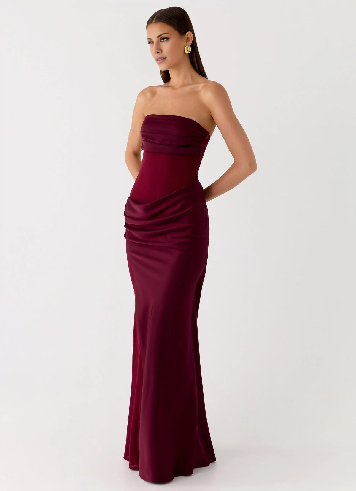 Burgundy Crepe Sheath/column Floor-Length Dress with Straight Neck & Draped bodice + Ruched detailing